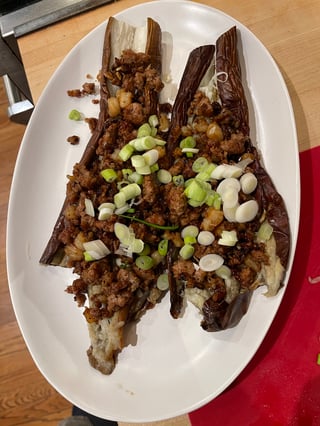 charred eggplants with pork + shrimp