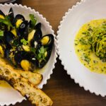 a plante of mussels au poivre and a plate of plankton tagliolini at San Francsico's Ancora restaurant