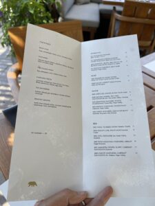 Drinks menu at Bear, the restaurant at Stanly Ranch.