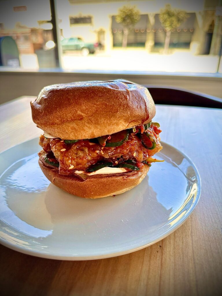 Korean fried chicken sandwich, available at the to-go window at Turntable at Lord Stanley