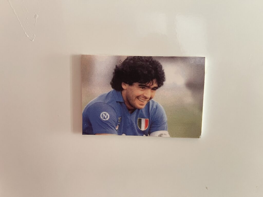 This Maradona image was on the inside fridge door in the apartment we rented.