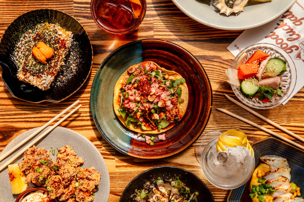 An array of Maexican-Japanese dishes at Good Luck Gato, Oakland