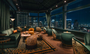 180-degree views over Union Square and modern Art Deco furniture at Starlite cocktail lounge at Beacon Grand Hotel