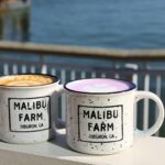two lattes in cups on the patio at Tiburon's Malibu Farm