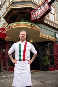 Chef Tony Gemignani, 13 time World Pizza Champion, in front of his North Beach, San Francisco restaurant
