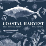 Coastal Harvest cookbook cover by Outdoor Chef Life vlogger Taku Kondo is dark blue with white images of fish and shellfish
