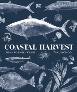 Coastal Harvest cookbook cover by Outdoor Chef Life vlogger Taku Kondo is dark blue with white images of fish and shellfish