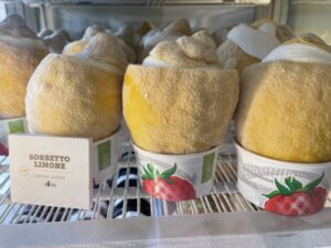 sorbetto limone, which is scooped into actual lemons, in Positano