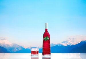 Doladira Rhubarb Liqueuer on a table with the snow-covered Alps in the background and a pale blue sky