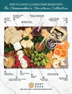 Goot Essa Cheesemakers Christmas gift box as laid out on a cheese board with pickles, orange slices and crackers