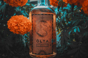 Olta Whisky Bottle with marigolds and a blue background