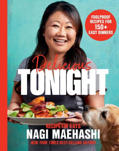 On the cover of her cookbook, "Delicious Tonight," Nagi Maehashi holds a plate of food and stands next to her dog, Dozer (RIP).