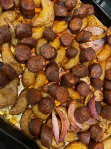 chorizo, potatoes and onions roast together -- yummy!