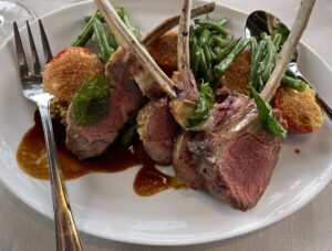 rack of local lamb wiht jus at Sunday Supper Club at Auberge du Soleil in Napa Valley
