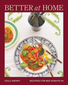 cover of Better At Home cookbook by Colu Henry shows a patterned plate of tomatoes on a white tablecloth