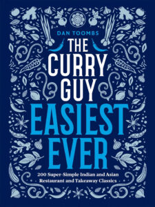 cover of The Curry Guy, Easiest Ever cookbook with silver print veg and curlicues on a navy background