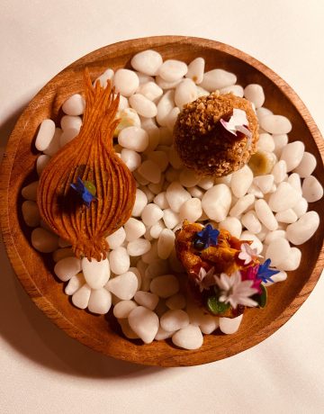cute canapes on top of white rocks in a bowl - canapes - pani puri, pyaaz kachori, fire-roasted eggplant at TIYA San Francisco restaurant