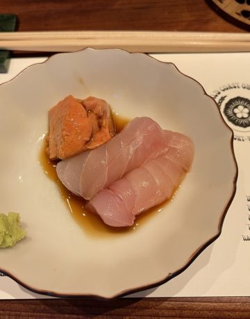 glamping in california includes an 18-course omakase, including this course of halibut and monkfish liver with Half Moon Bay wasabi